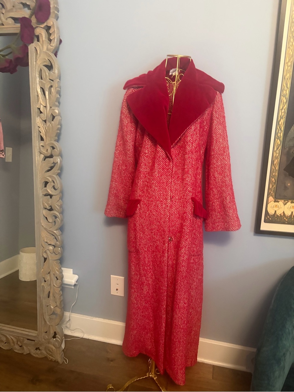 Italian Wool Red Long Coat with Velvet Collar - Women Pants & Jumpsuits